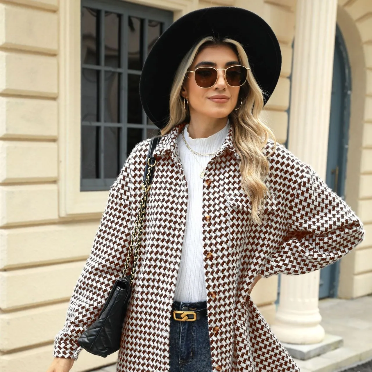 Enchanting Houndstooth Lapel Mid-Length Coat