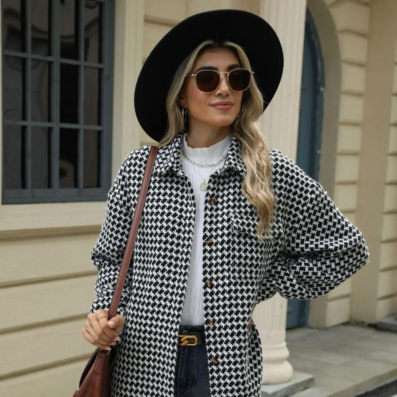 Enchanting Houndstooth Lapel Mid-Length Coat