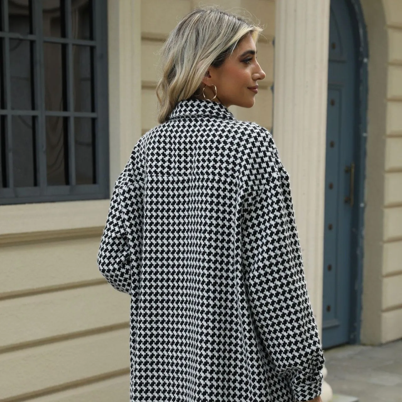 Enchanting Houndstooth Lapel Mid-Length Coat