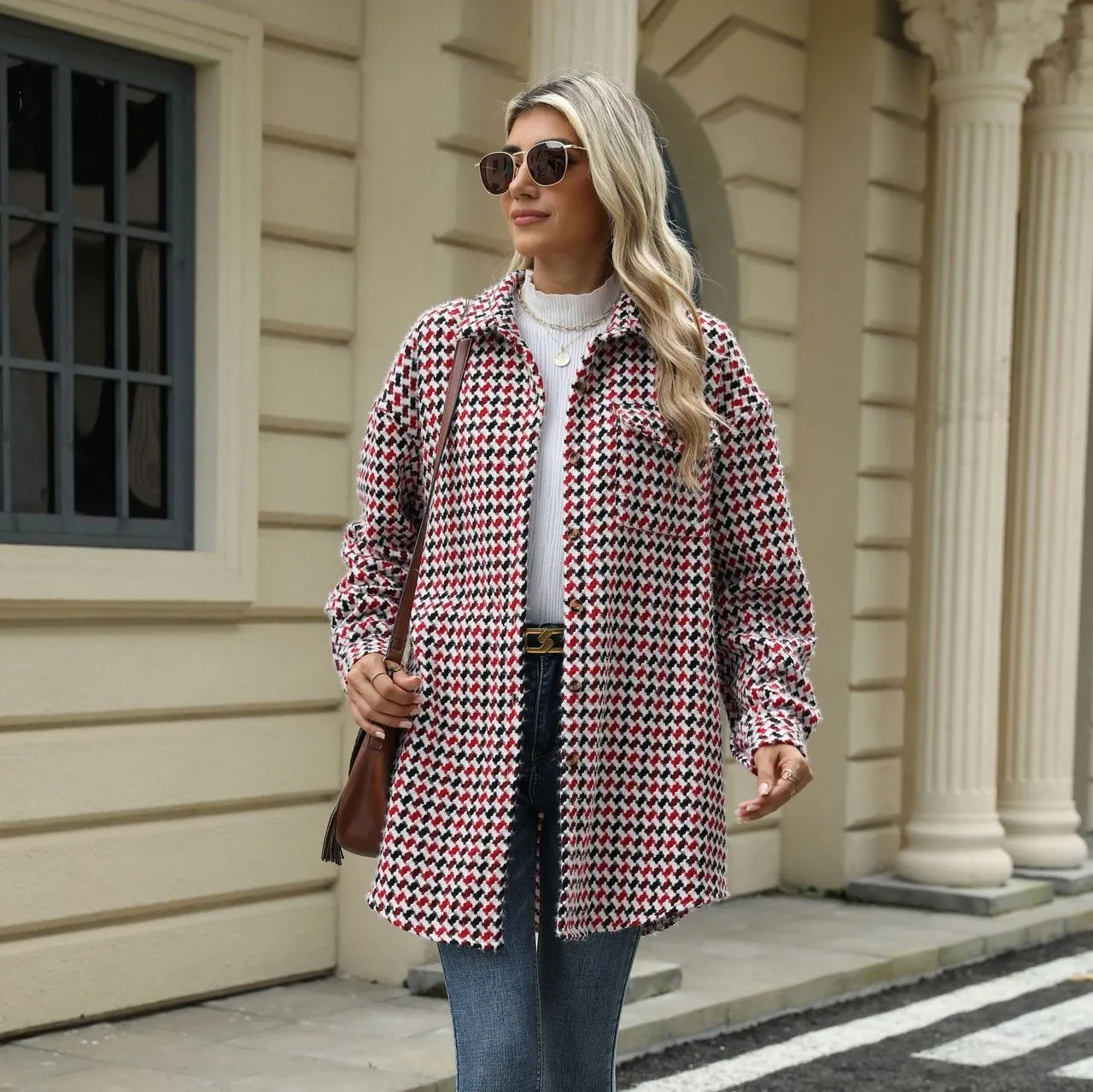 Enchanting Houndstooth Lapel Mid-Length Coat