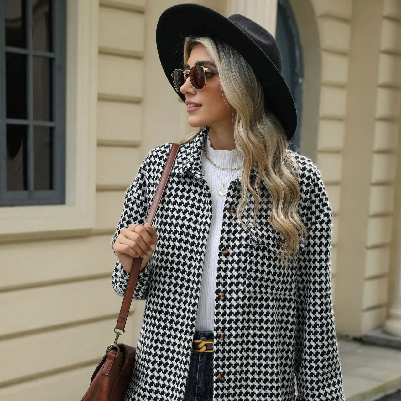 Enchanting Houndstooth Lapel Mid-Length Coat