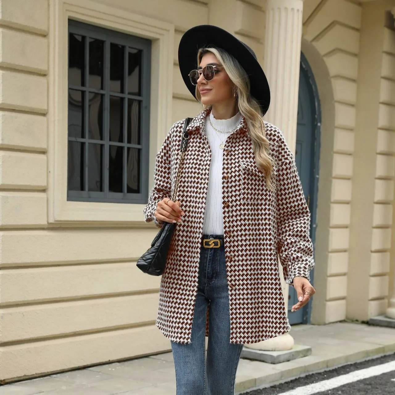 Enchanting Houndstooth Lapel Mid-Length Coat