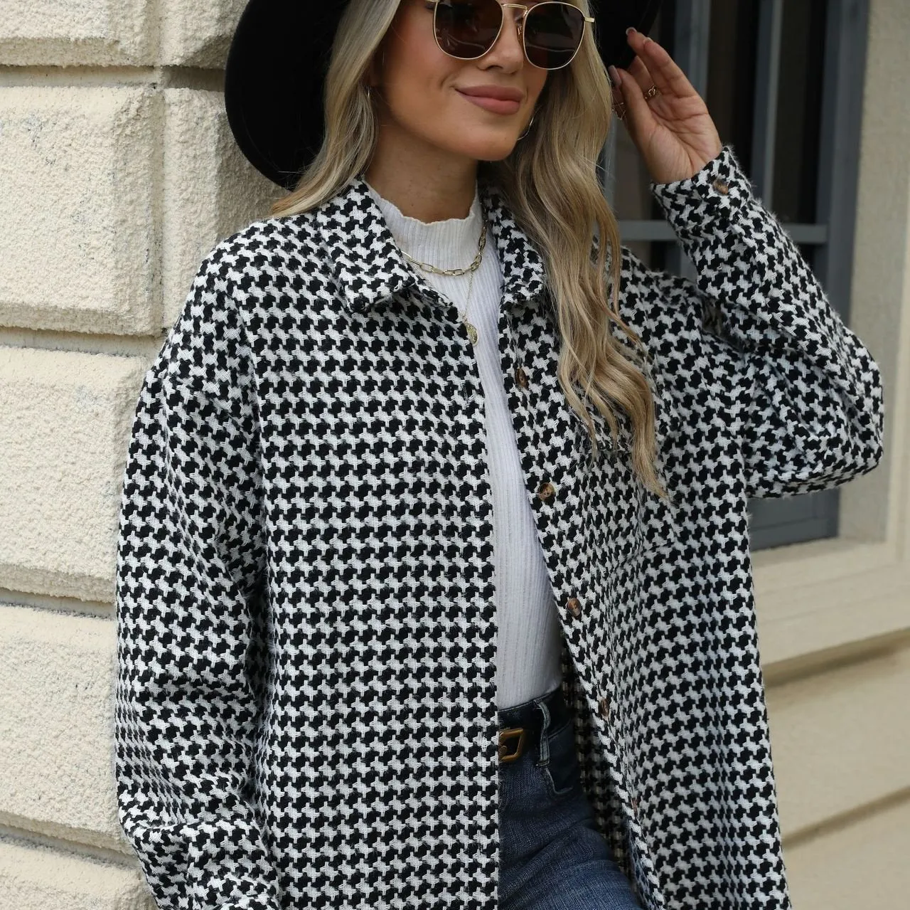Enchanting Houndstooth Lapel Mid-Length Coat