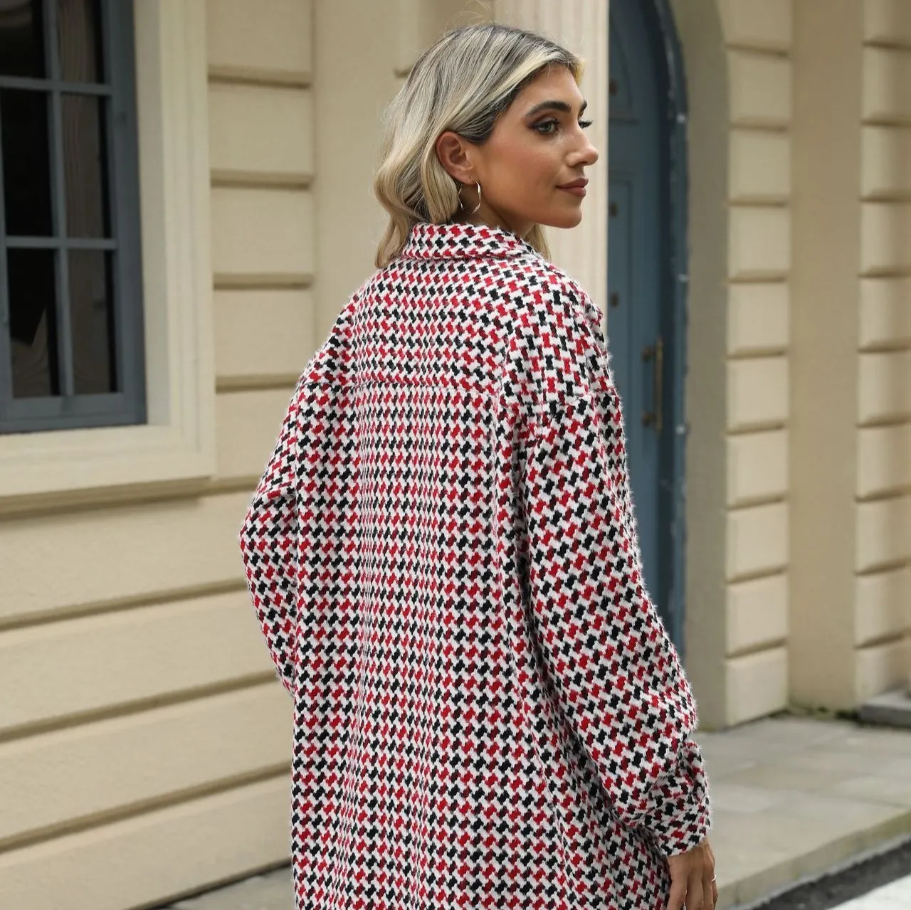 Enchanting Houndstooth Lapel Mid-Length Coat
