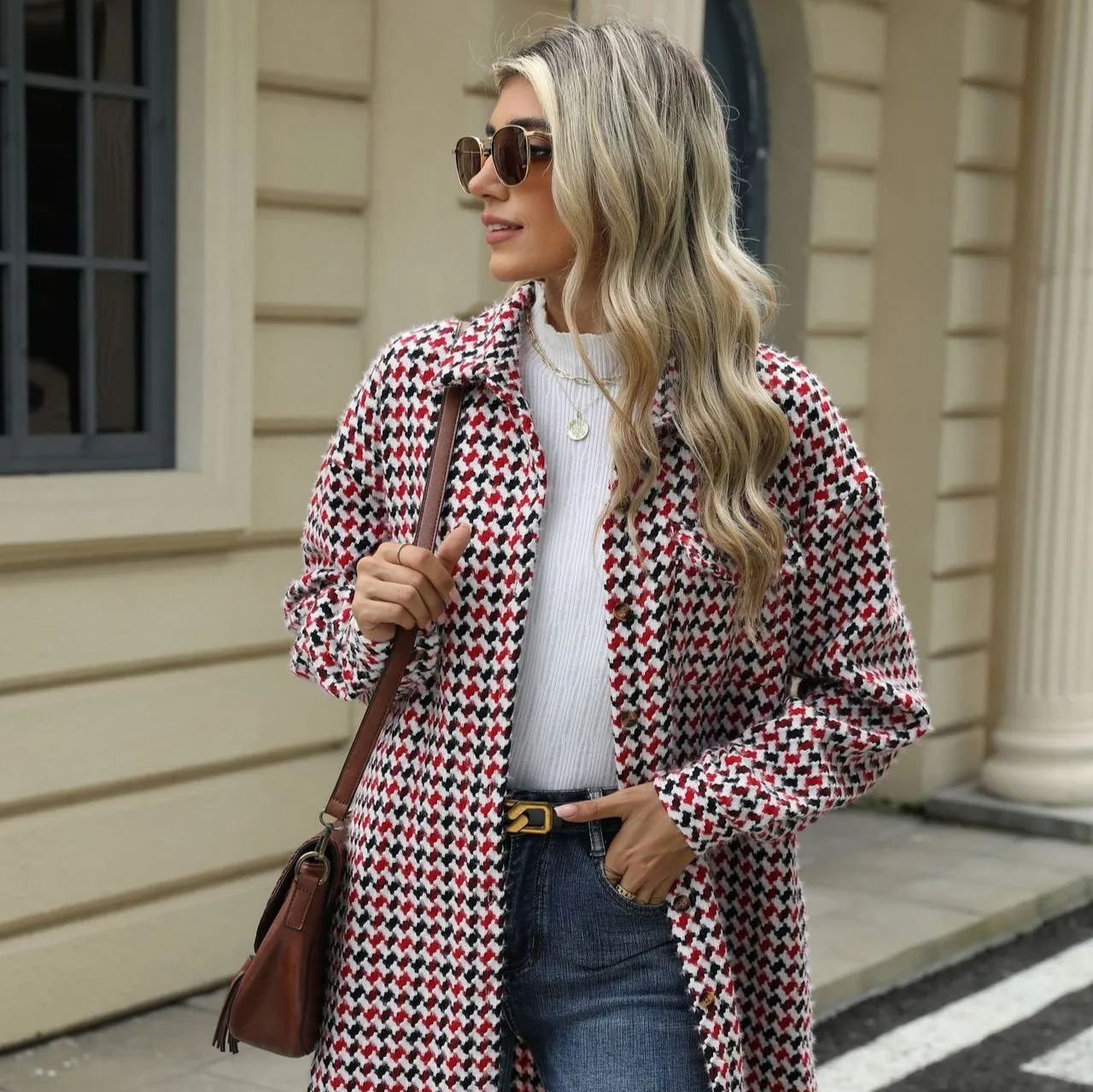 Enchanting Houndstooth Lapel Mid-Length Coat