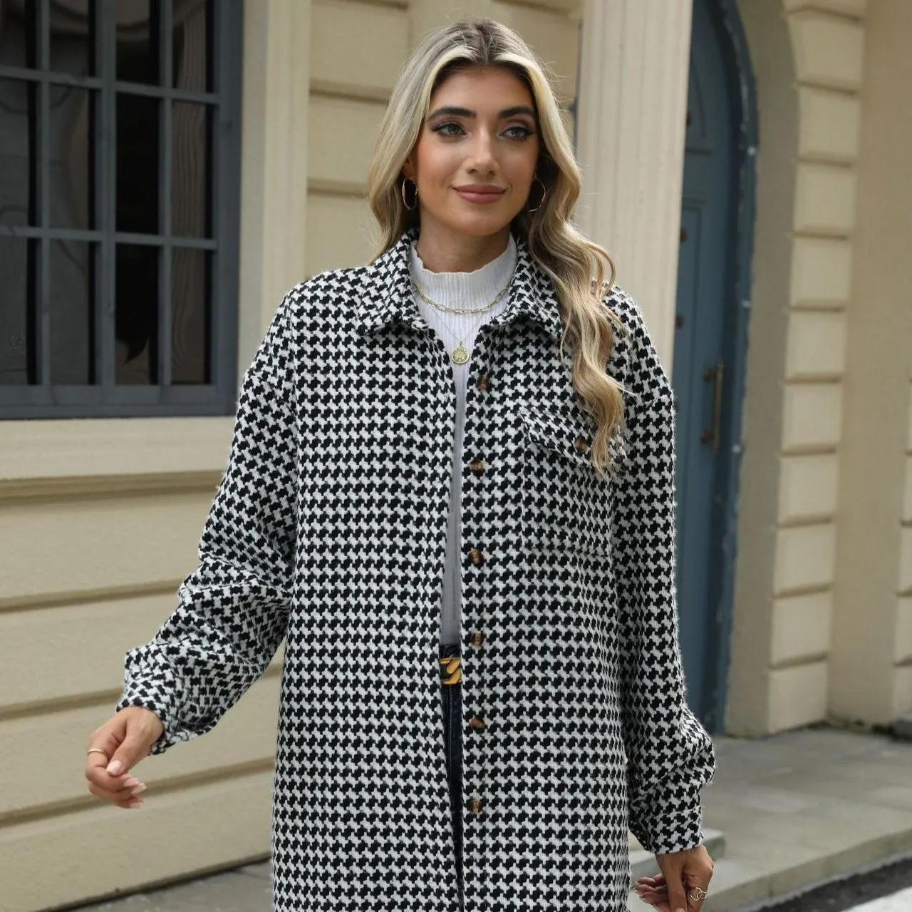 Enchanting Houndstooth Lapel Mid-Length Coat