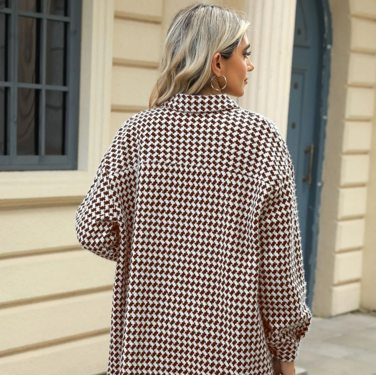 Enchanting Houndstooth Lapel Mid-Length Coat