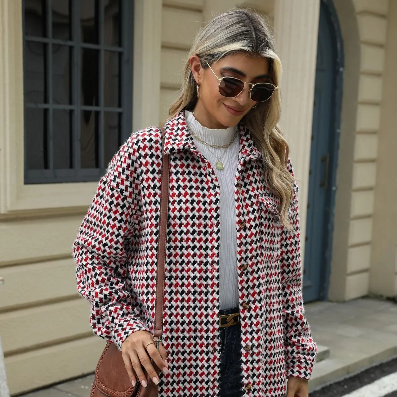 Enchanting Houndstooth Lapel Mid-Length Coat