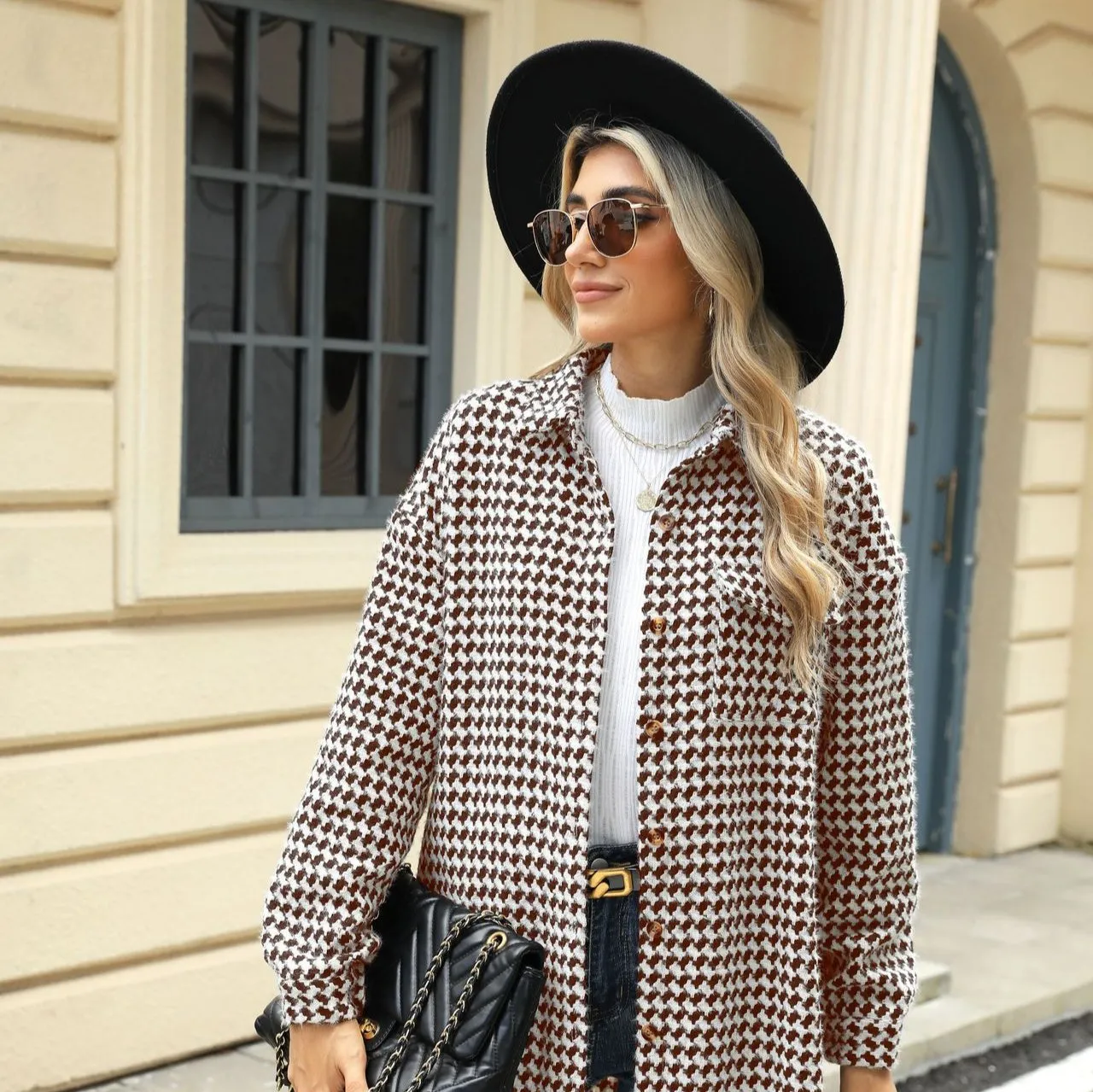 Enchanting Houndstooth Lapel Mid-Length Coat
