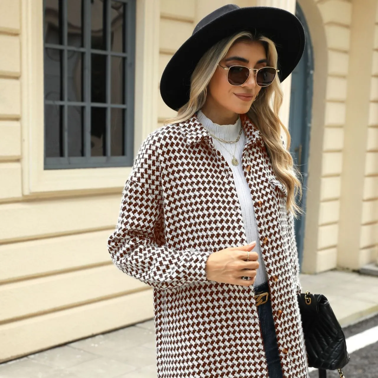 Enchanting Houndstooth Lapel Mid-Length Coat