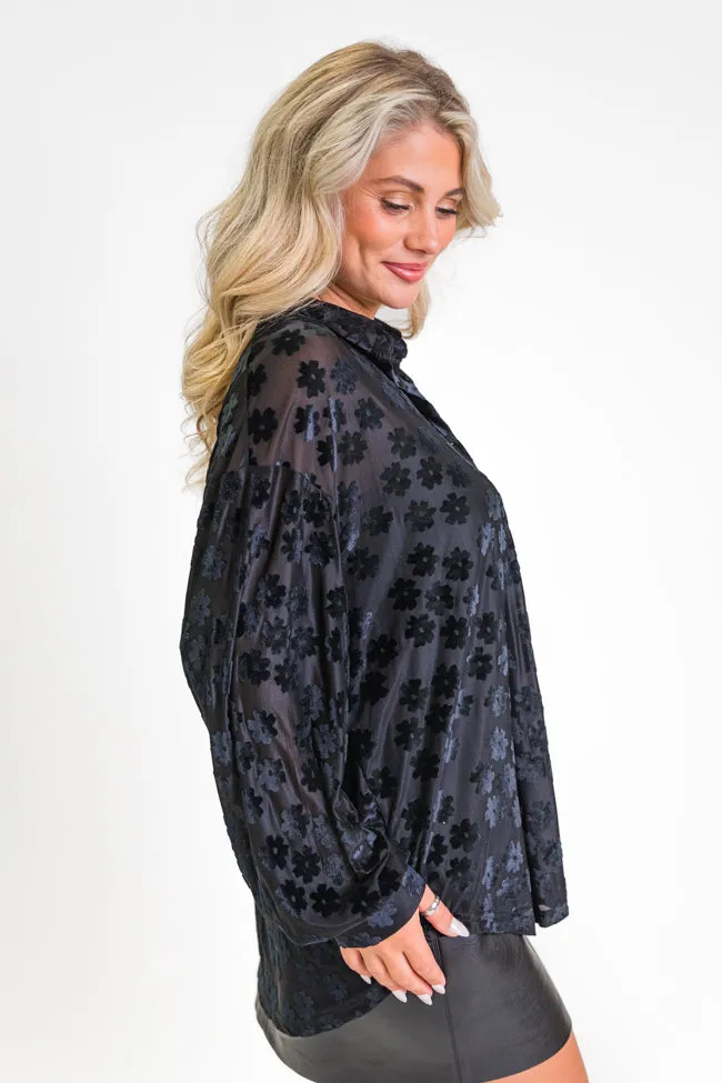 Face The Day Black Velvet Floral Button Down Blouse FINAL SALE