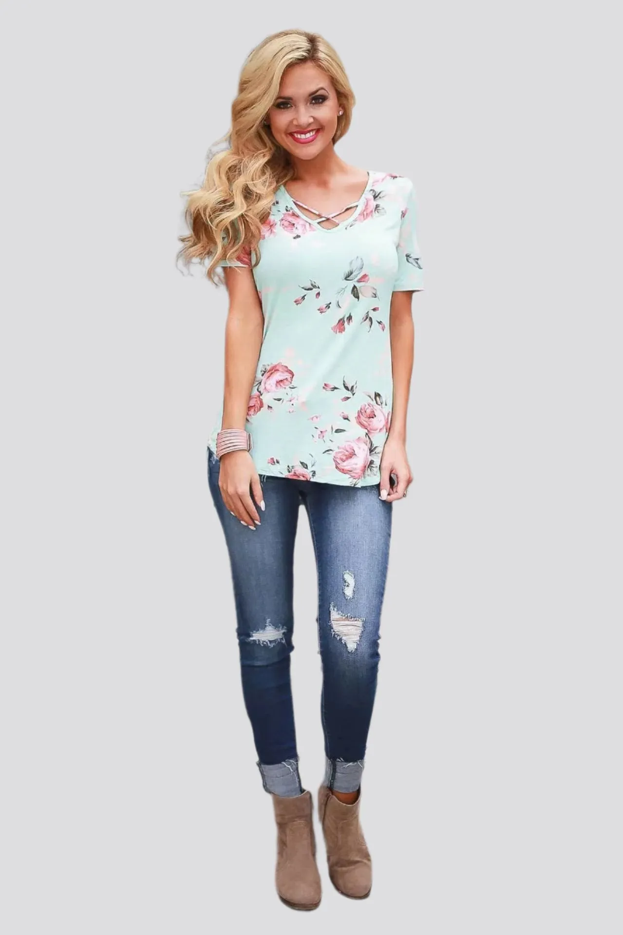 Flower Print Cross Front Short Back Long T-shirt