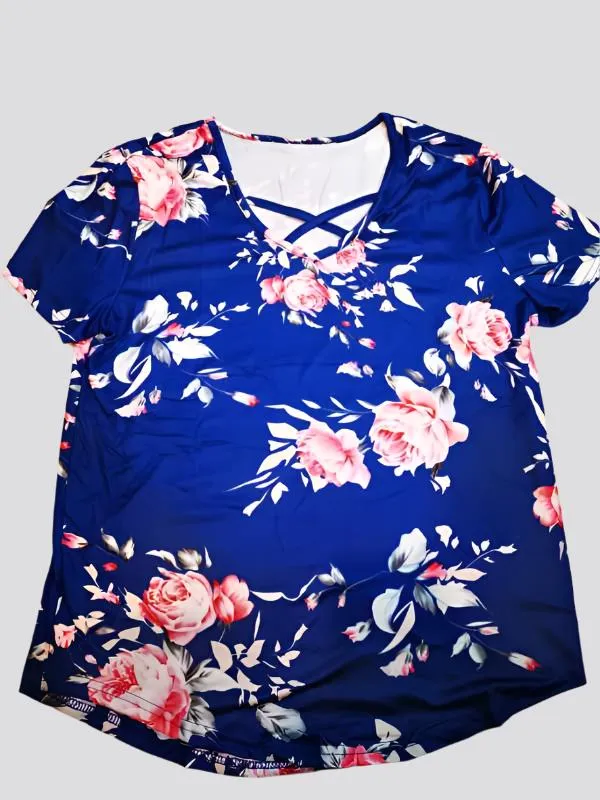 Flower Print Cross Front Short Back Long T-shirt