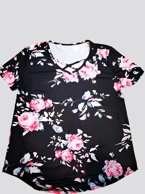 Flower Print Cross Front Short Back Long T-shirt