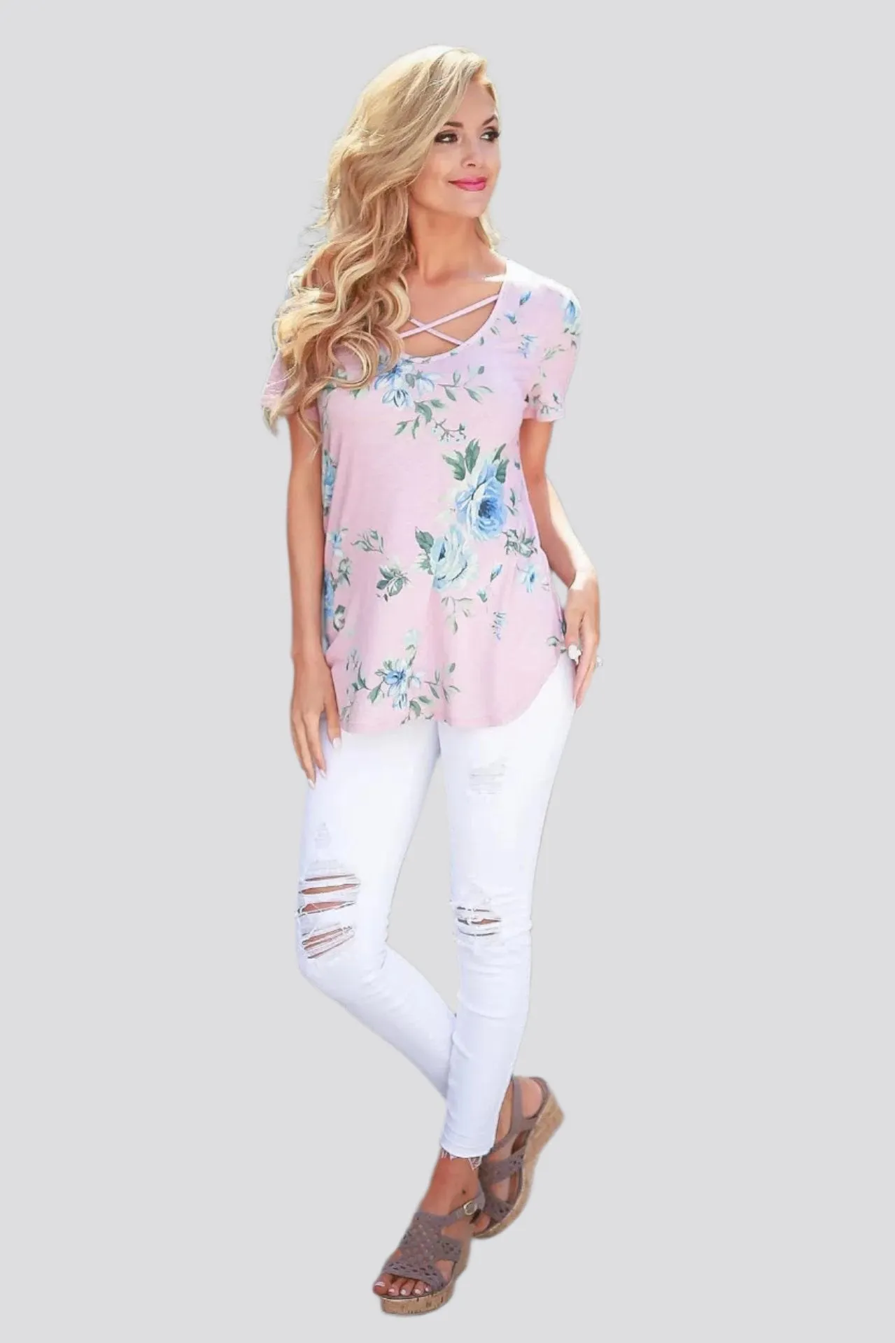 Flower Print Cross Front Short Back Long T-shirt