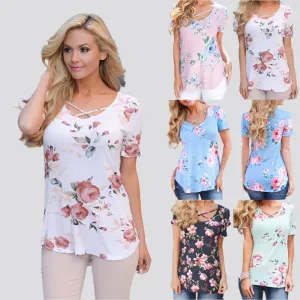 Flower Print Cross Front Short Back Long T-shirt