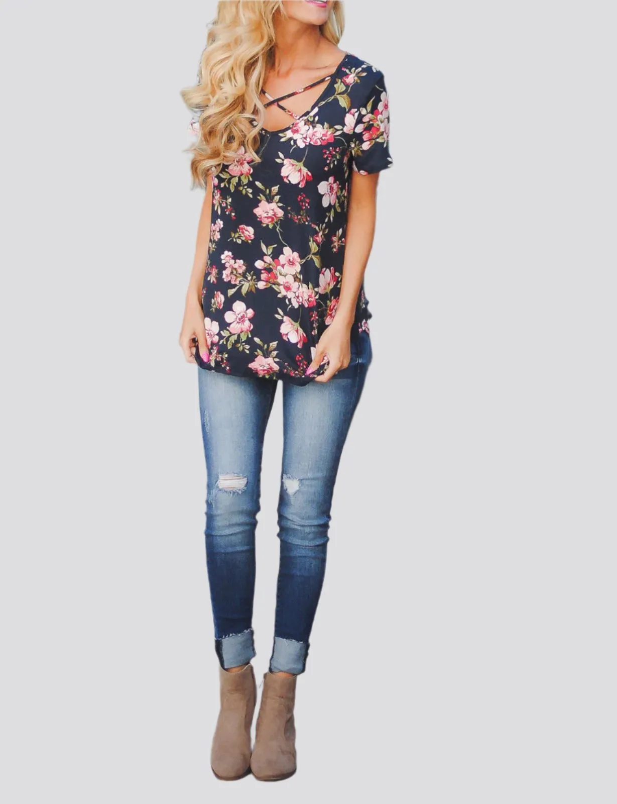 Flower Print Cross Front Short Back Long T-shirt