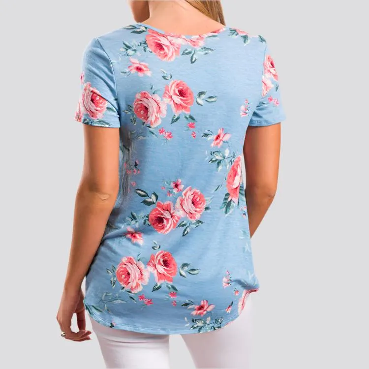 Flower Print Cross Front Short Back Long T-shirt
