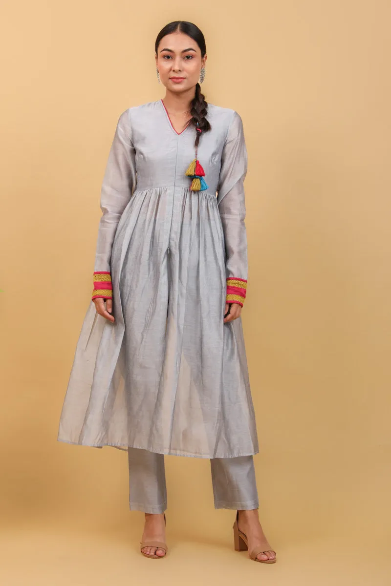 Grey & Lime Yellow Chanderi Handloom Anarkali Kurta Set With Lace Trims (Set of 2)