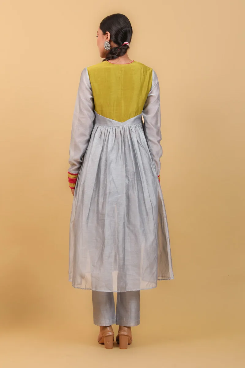 Grey & Lime Yellow Chanderi Handloom Anarkali Kurta Set With Lace Trims (Set of 2)