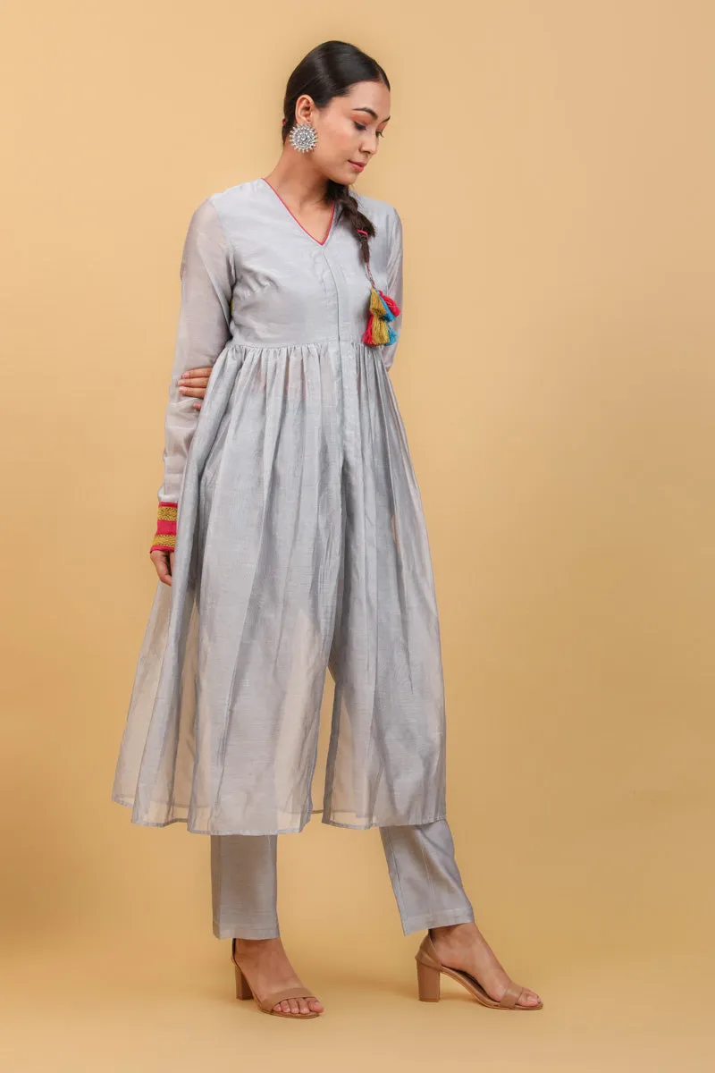 Grey & Lime Yellow Chanderi Handloom Anarkali Kurta Set With Lace Trims (Set of 2)