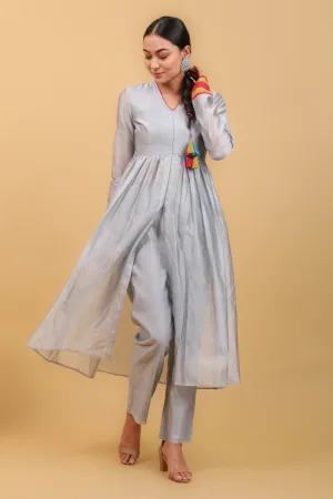 Grey & Lime Yellow Chanderi Handloom Anarkali Kurta Set With Lace Trims (Set of 2)