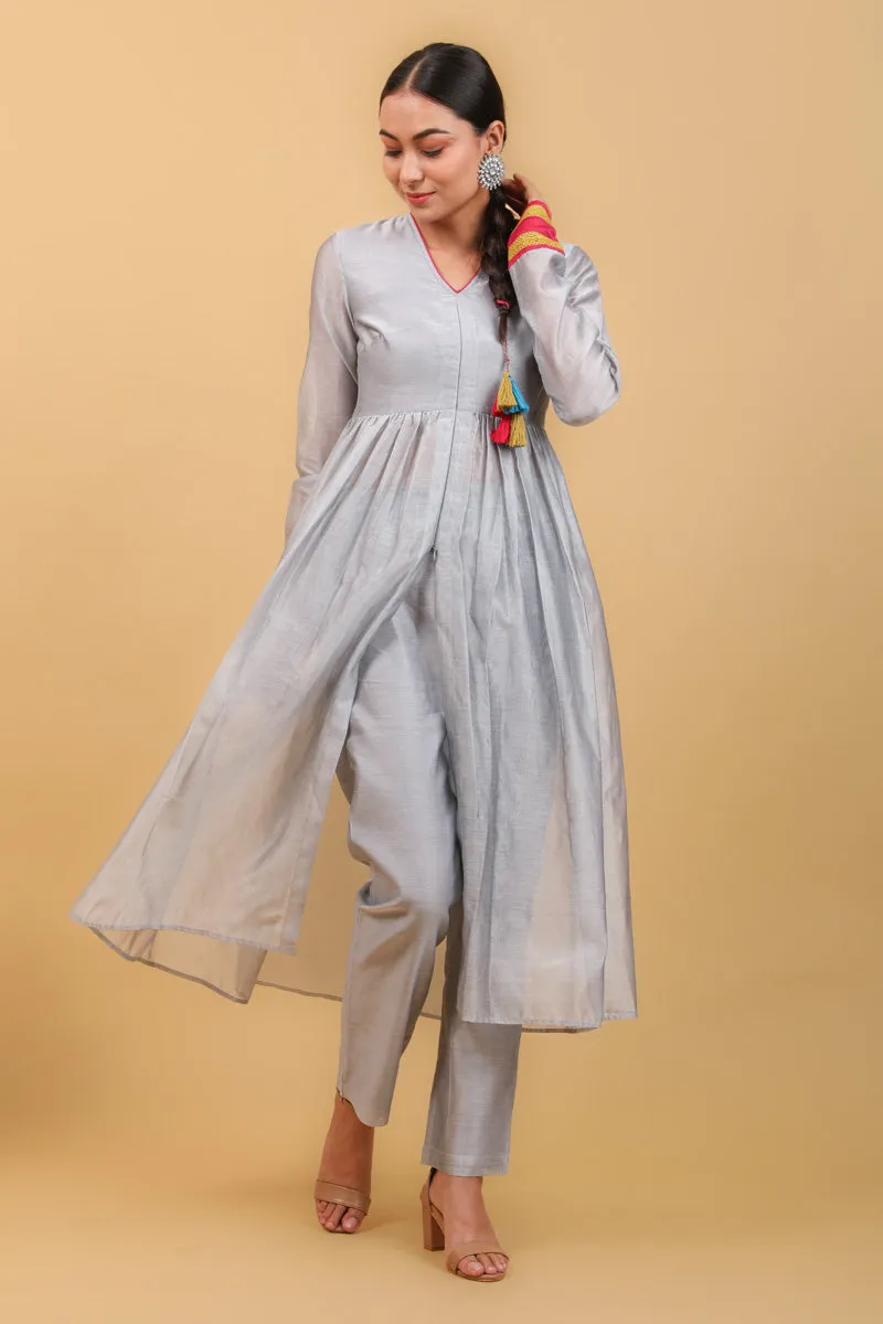 Grey & Lime Yellow Chanderi Handloom Anarkali Kurta Set With Lace Trims (Set of 2)