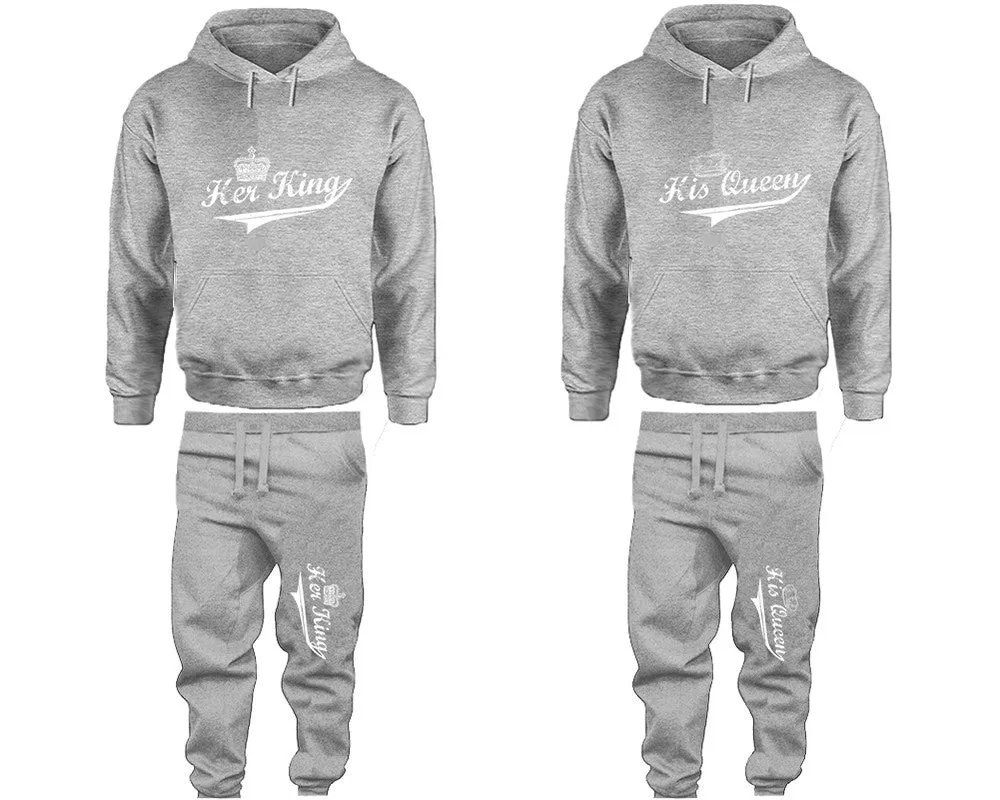 Her King & His Queen Couple Matching Pullover Hoodies and Jogger Pants Set – Unisex Mix & Match | 4 Pieces Sold Separately for Personalized Style