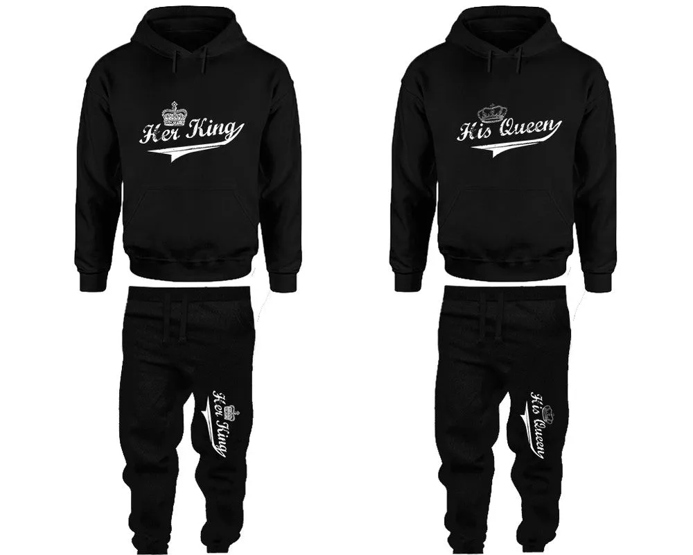 Her King & His Queen Couple Matching Pullover Hoodies and Jogger Pants Set – Unisex Mix & Match | 4 Pieces Sold Separately for Personalized Style