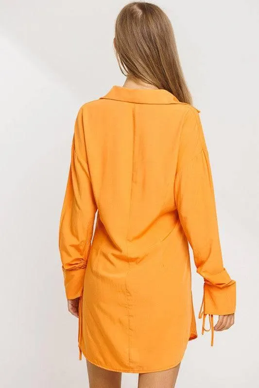 LILA Blue Ruched Drawstring Sleeve Shirt Dress