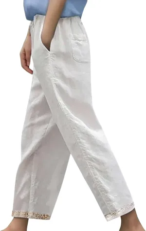 Linen Pants for Women Casual Summer Solid Color Straight Leg Beach High Waisted Linen Pants Elastic Waist Streetwear Trousers