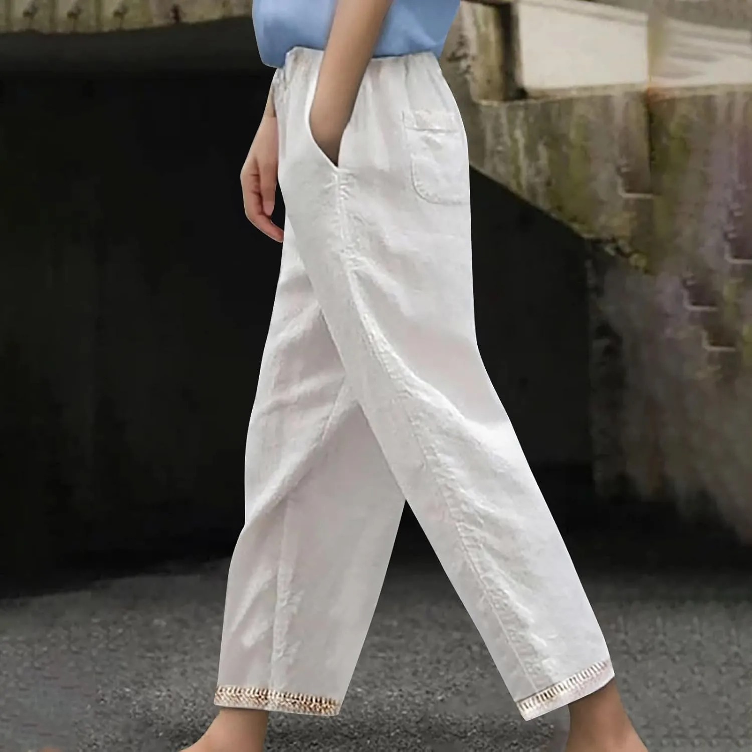 Linen Pants for Women Casual Summer Solid Color Straight Leg Beach High Waisted Linen Pants Elastic Waist Streetwear Trousers