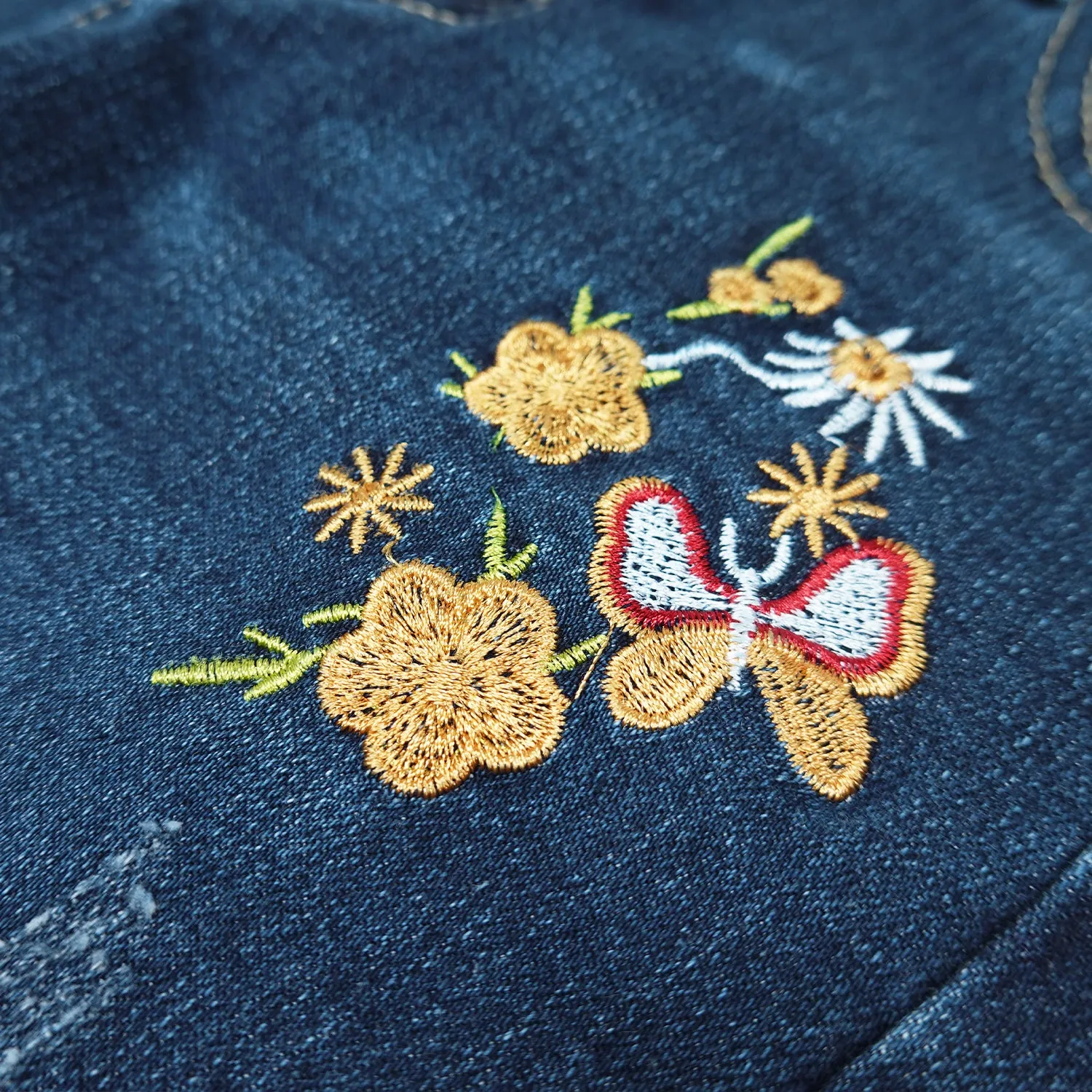 Little Girls Elastic Band Floral Embroidered Stretchy Soft Denim Slim Pants Jeans