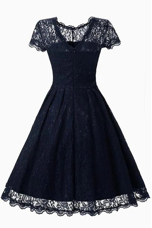 MB FASHION  Vintage Lace Fit-and-Flare Dress with Cap Sleeves 1523