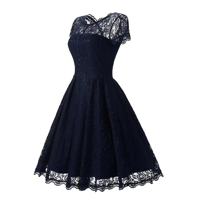 MB FASHION  Vintage Lace Fit-and-Flare Dress with Cap Sleeves 1523