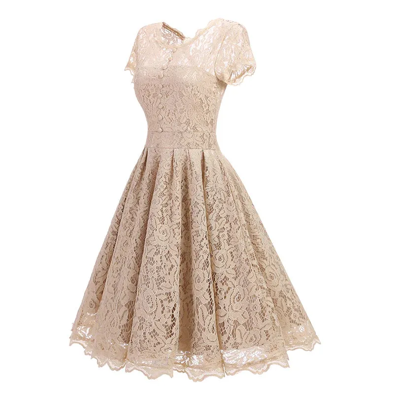 MB FASHION  Vintage Lace Fit-and-Flare Dress with Cap Sleeves 1523