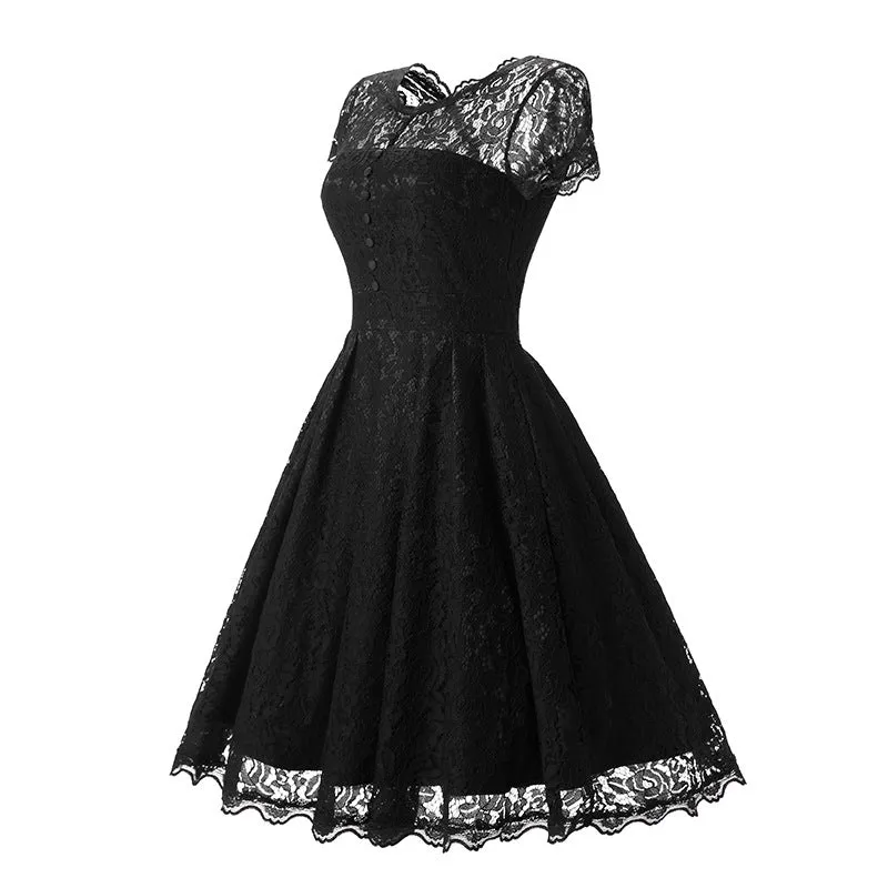 MB FASHION  Vintage Lace Fit-and-Flare Dress with Cap Sleeves 1523