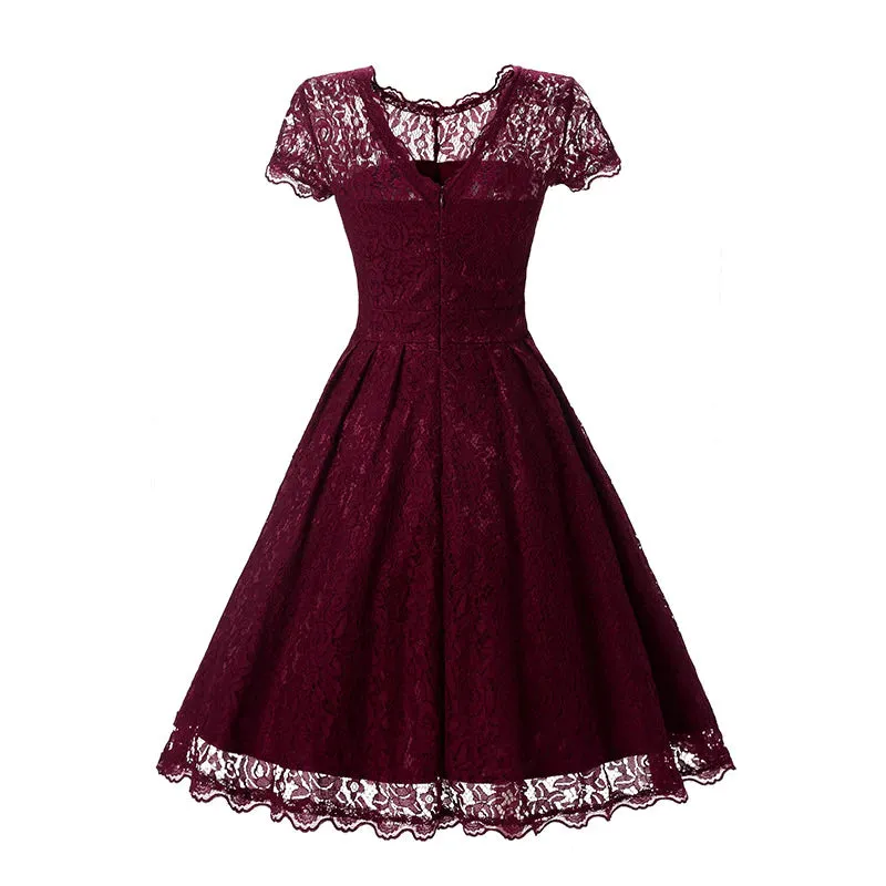 MB FASHION  Vintage Lace Fit-and-Flare Dress with Cap Sleeves 1523