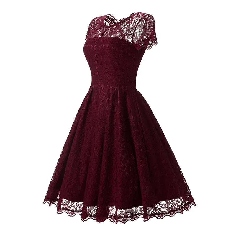 MB FASHION  Vintage Lace Fit-and-Flare Dress with Cap Sleeves 1523
