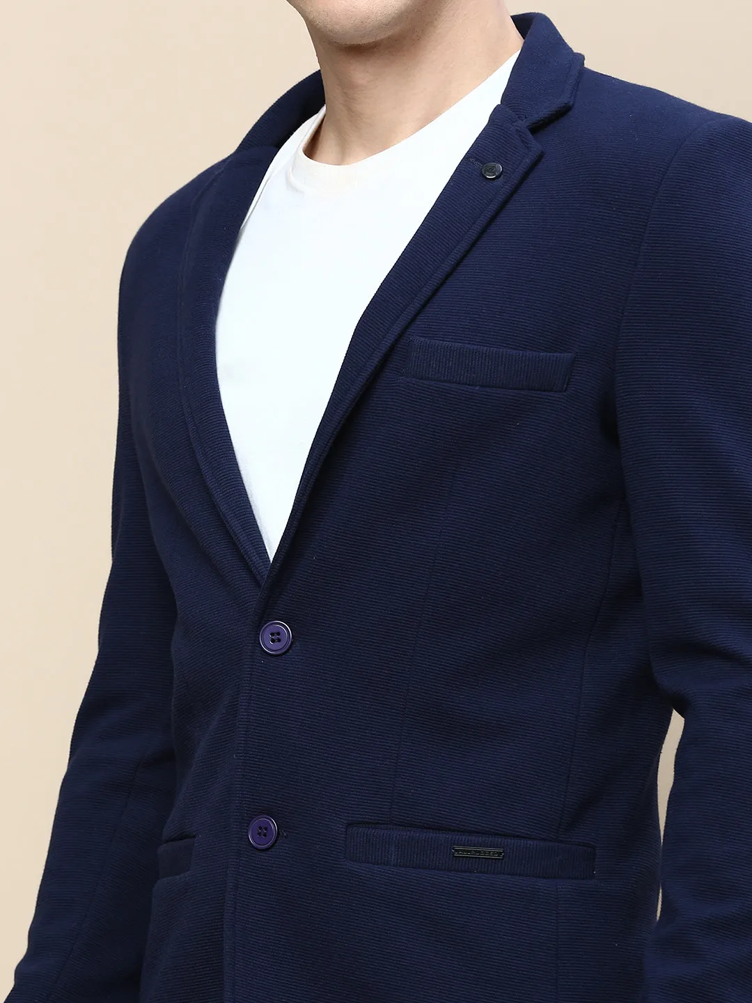 Men Navy Blue Notched Lapel Slim-Fit Single-Breasted Blazer
