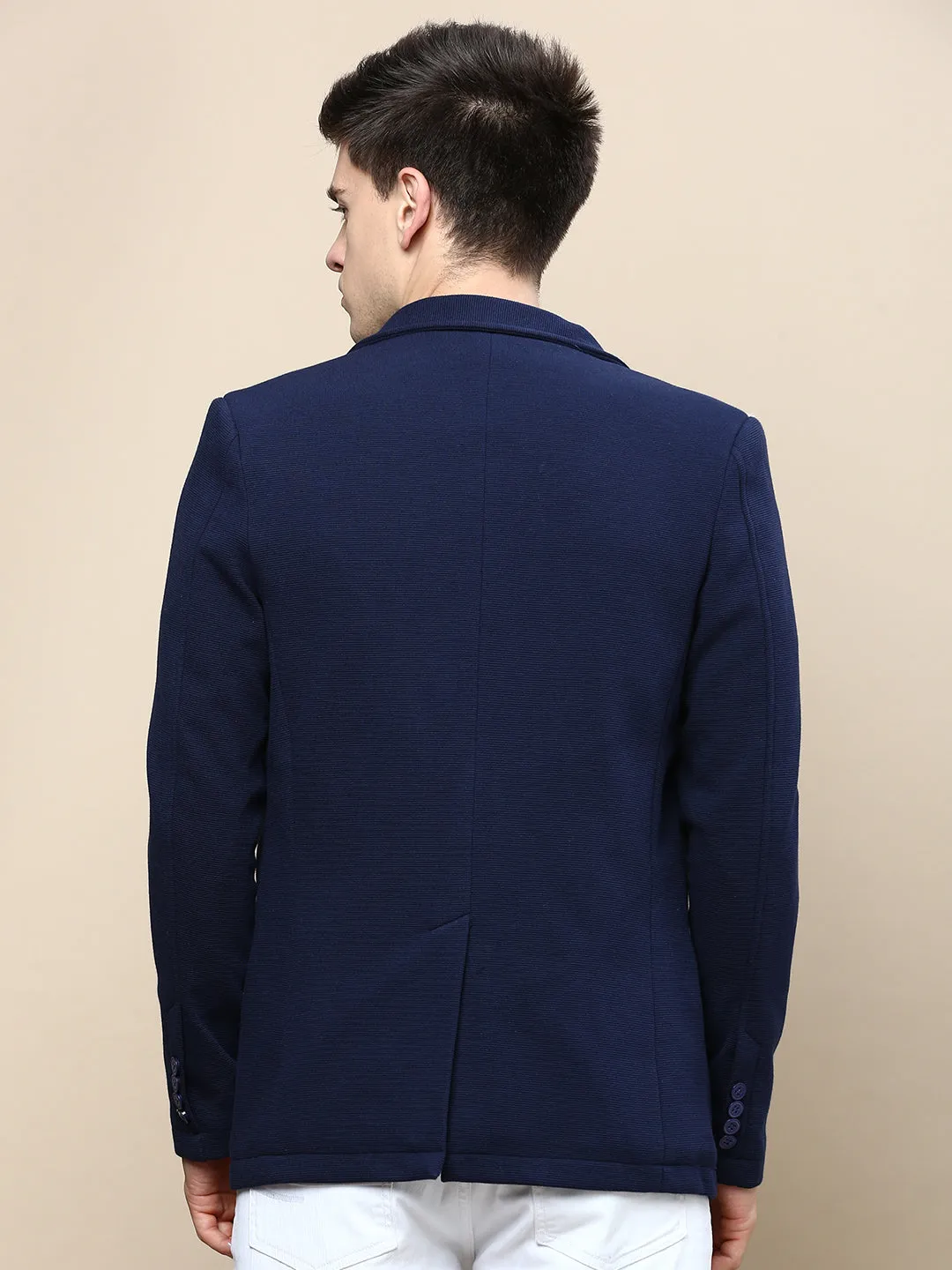 Men Navy Blue Notched Lapel Slim-Fit Single-Breasted Blazer