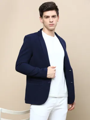 Men Navy Blue Notched Lapel Slim-Fit Single-Breasted Blazer