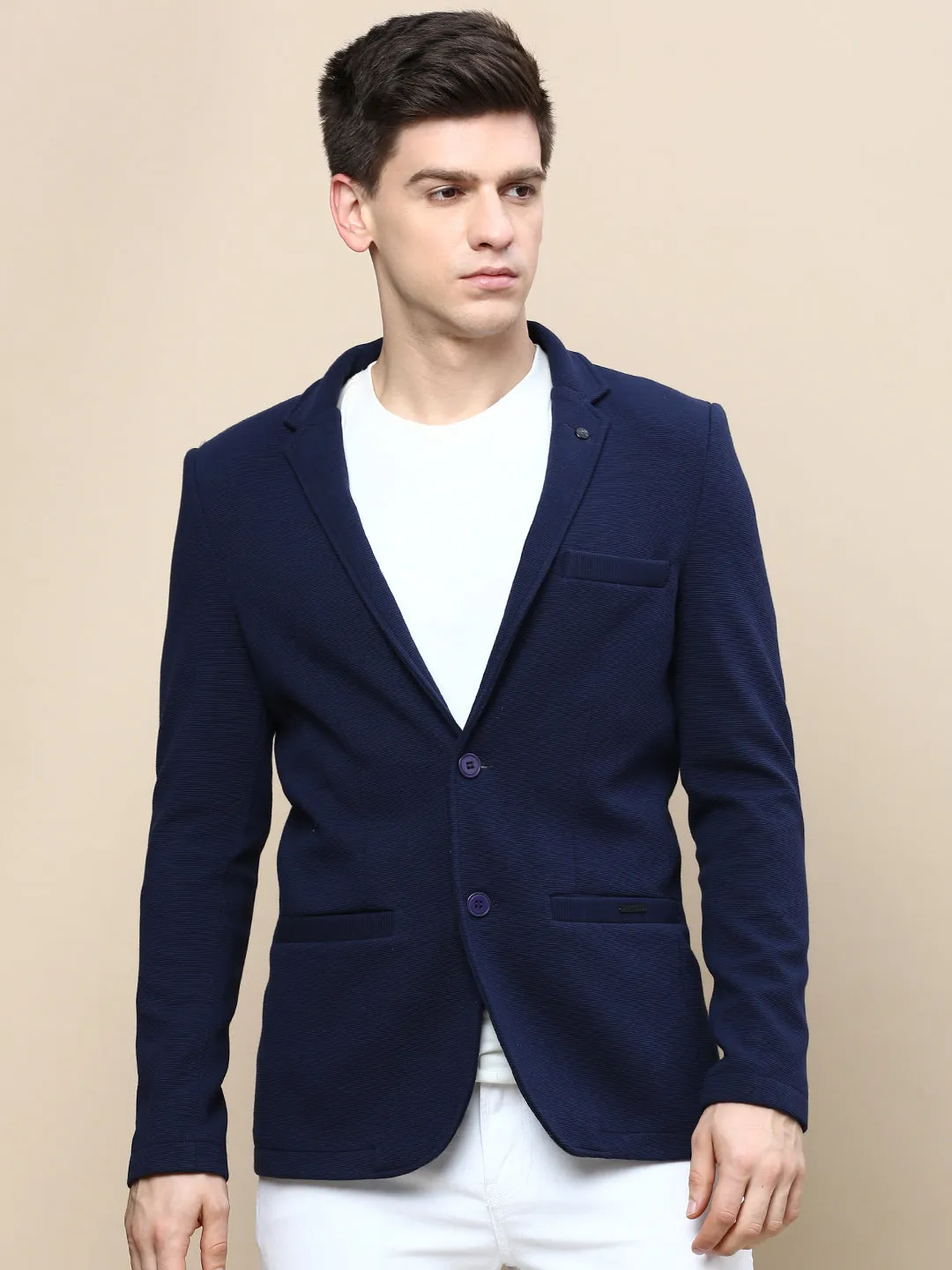 Men Navy Blue Notched Lapel Slim-Fit Single-Breasted Blazer