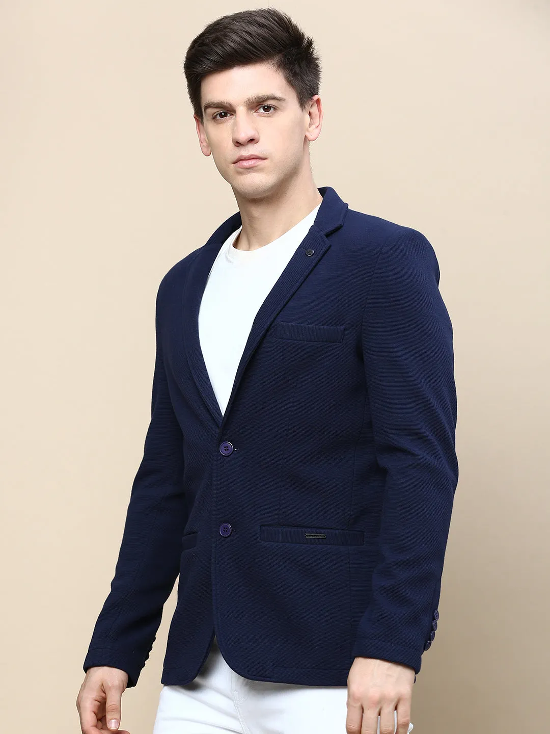 Men Navy Blue Notched Lapel Slim-Fit Single-Breasted Blazer