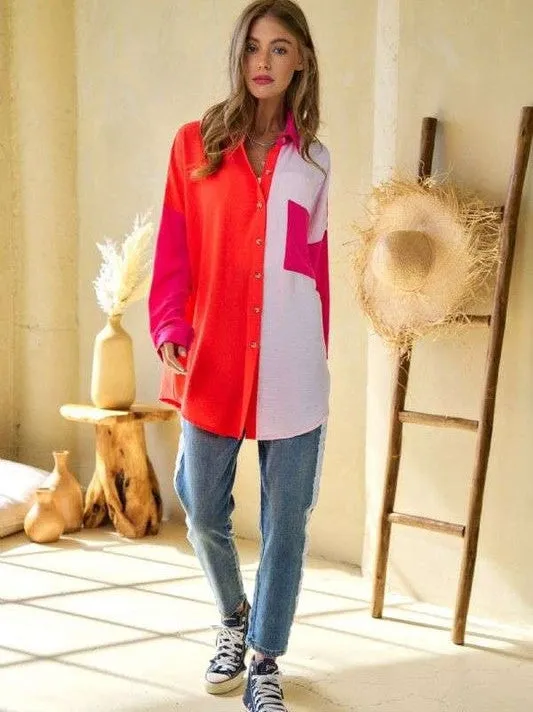 Modern Day Color Blocked Button Down Long Sleeve Top