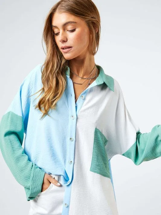 Modern Day Color Blocked Button Down Long Sleeve Top