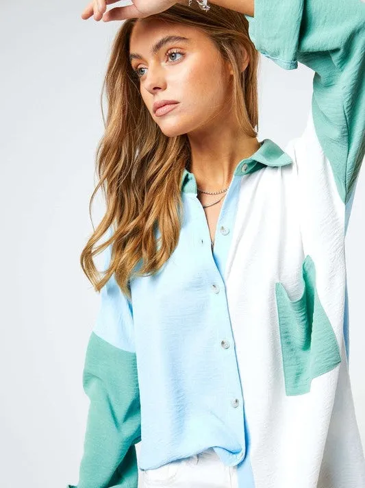 Modern Day Color Blocked Button Down Long Sleeve Top