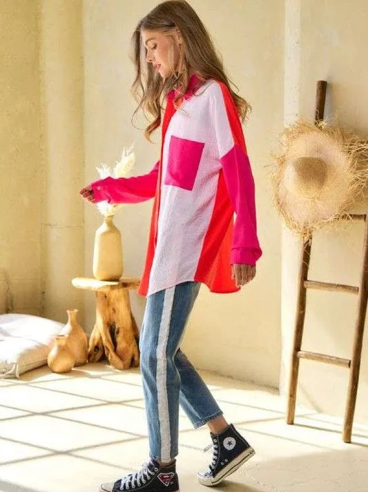 Modern Day Color Blocked Button Down Long Sleeve Top