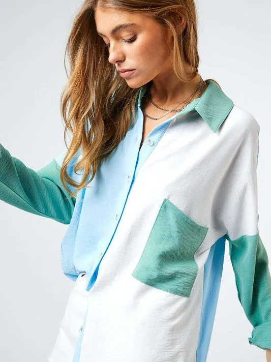 Modern Day Color Blocked Button Down Long Sleeve Top