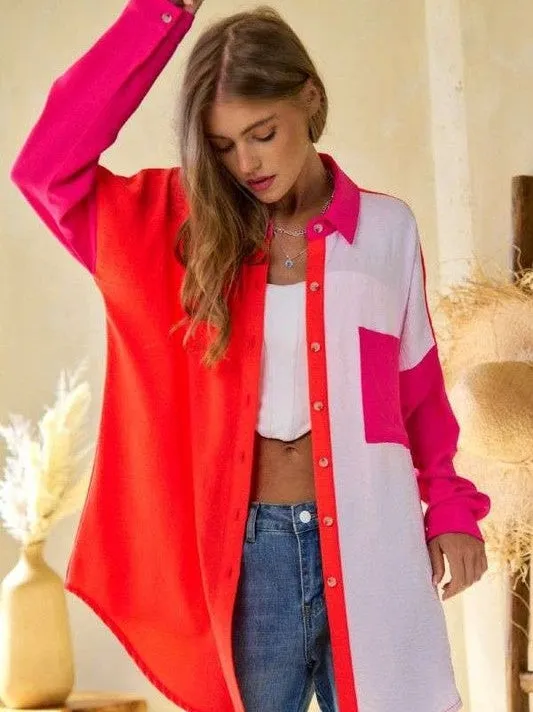 Modern Day Color Blocked Button Down Long Sleeve Top